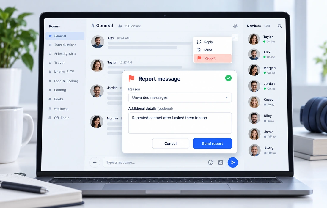 How to report in a chat room — the report button and a short reason