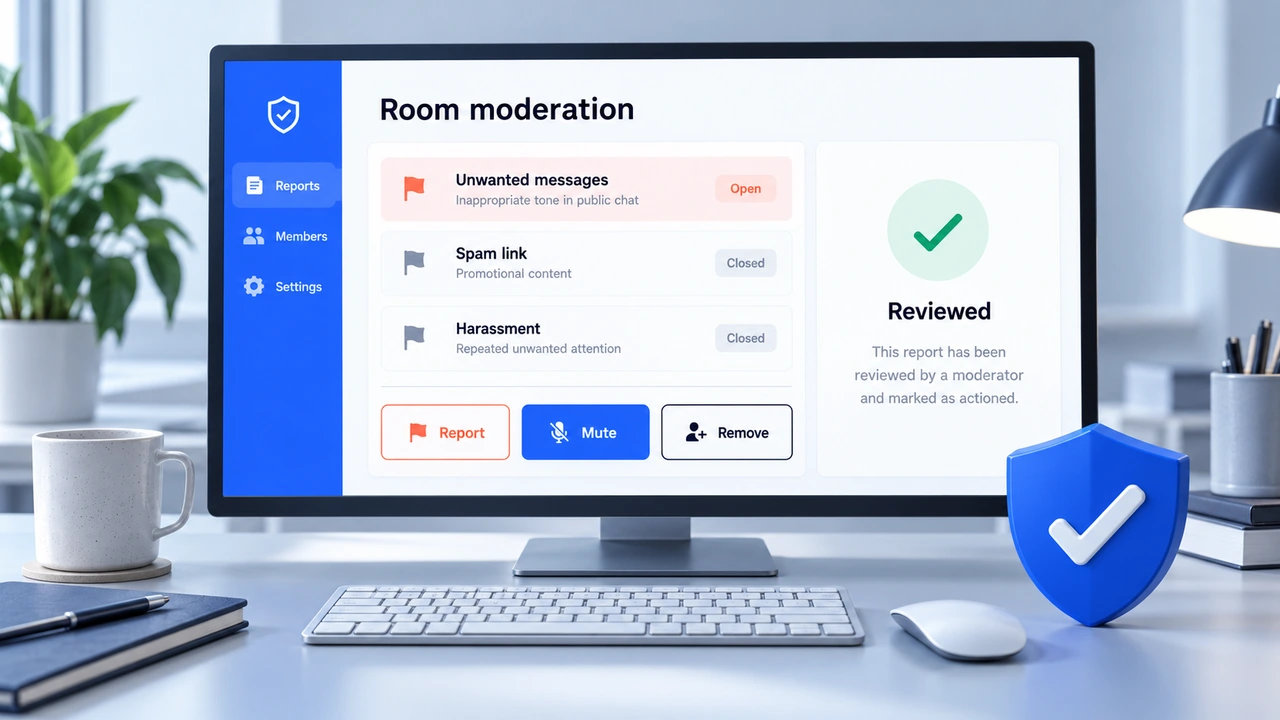 Sex chat room moderation — a moderator panel with report and mute tools
