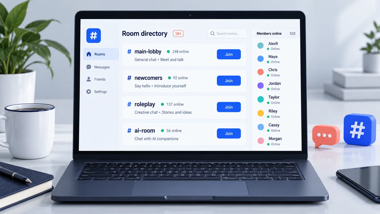 Sex chat room lobby — a list of adult chat rooms on a laptop screen